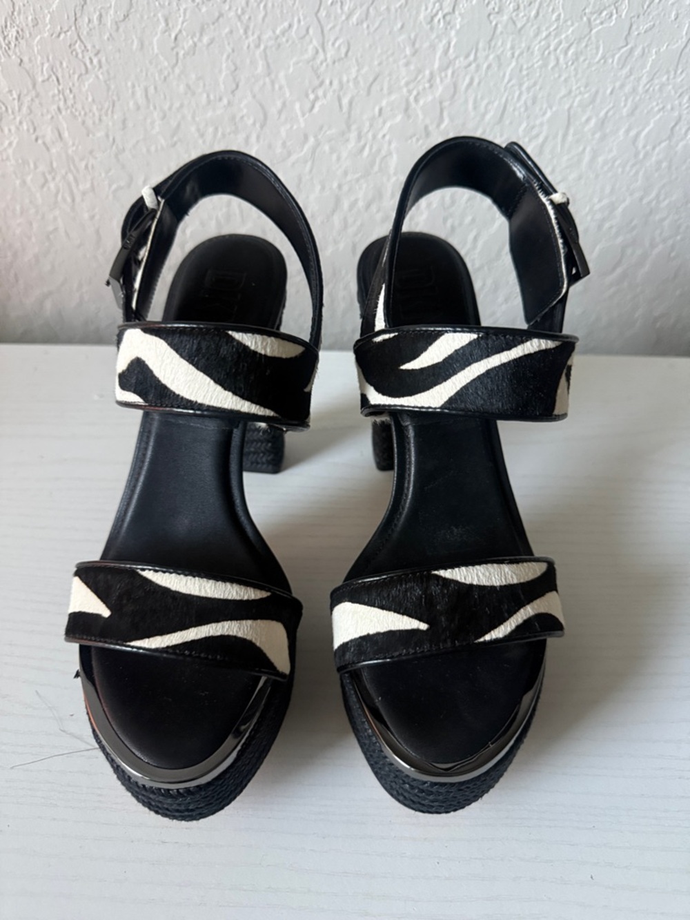 DKNY Black and White Zebra-Print Platform Sandals